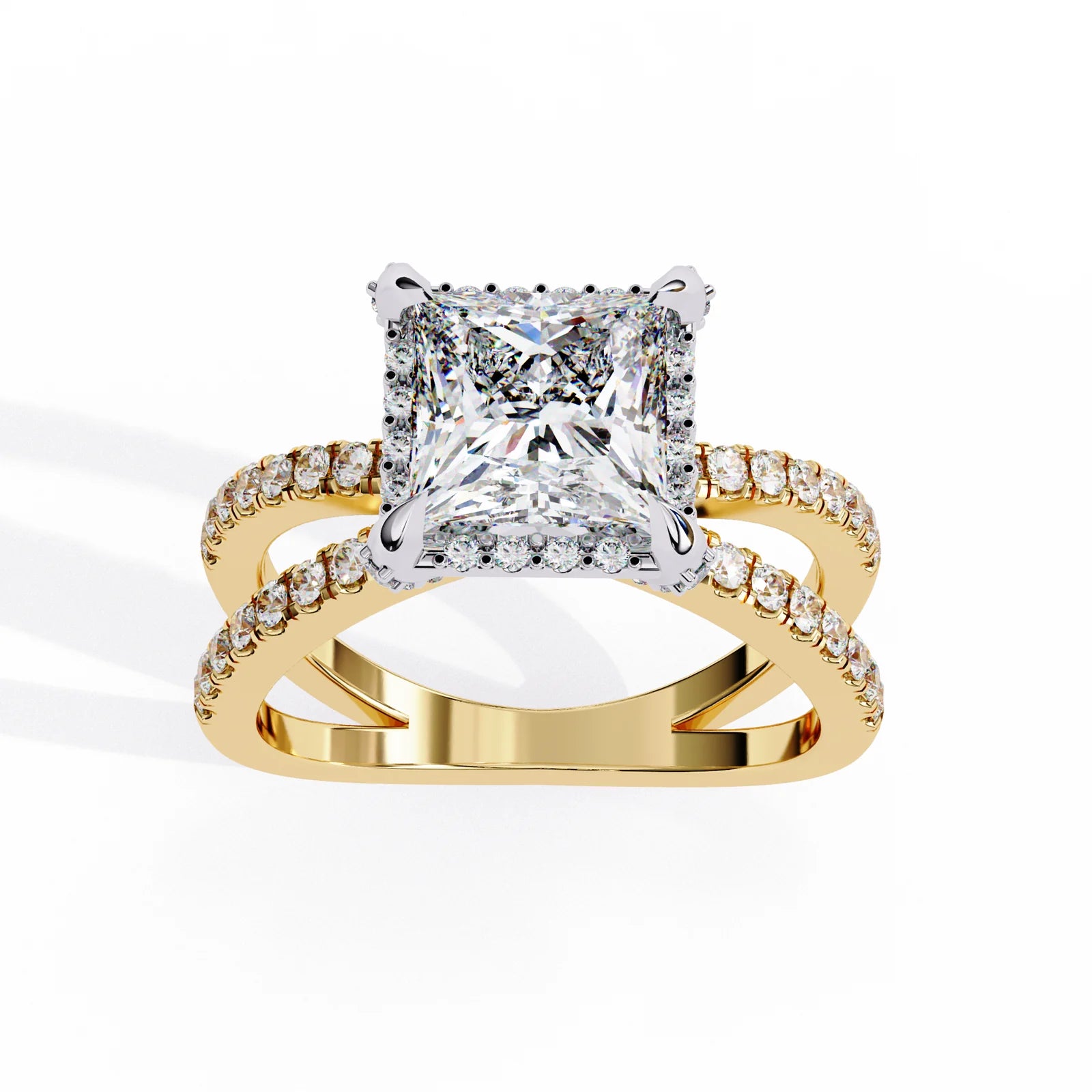 Princess-cut diamond ring shown from four angles